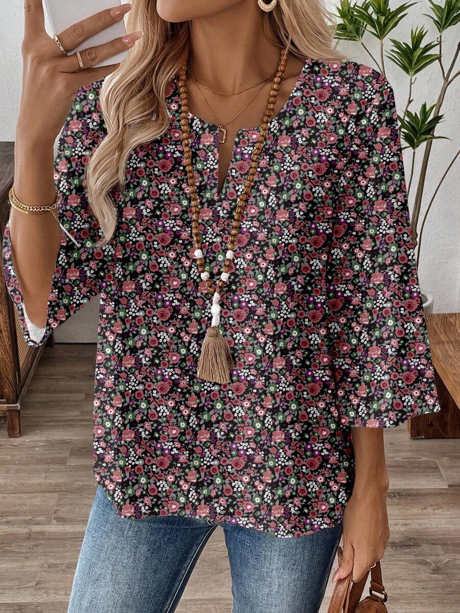 EMERY ROSE 休闲花卉图案 V 领 3/4 袖女式工作衬衫，春秋季 - 彩色 - 查看 1