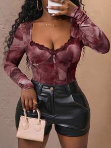 Slaydiva New Elegant Casual Square Neck Lace Decoration Sfumato Pattern Print Long Sleeve Women's Bodysuit Long Sleeve Bodysuit Women Bodysuits Sheer Bodysuit - Burgundy - View 4