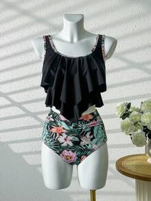 Swim Lushoire 女士热带植物印花两件套泳衣，修身显瘦，适合海滩、水疗中心和度假村 - 彩色 - 查看 6