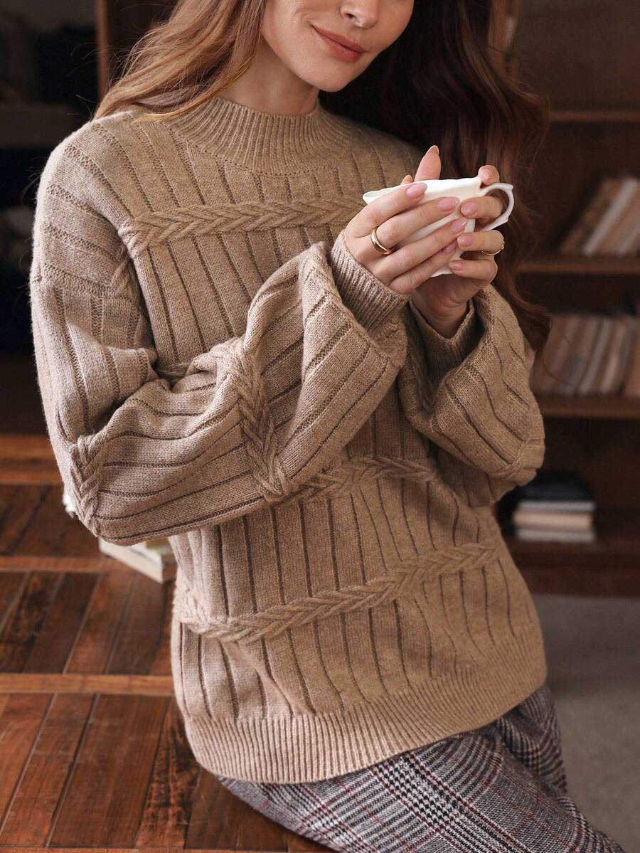 SHEIN Clasi 女士纯色麻花绳舒适简约毛衣 - 棕色 - 查看 1