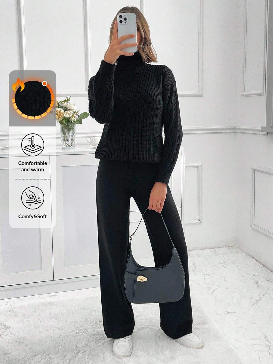 EURMUSE Turtleneck Drop Shoulder Sleeve tröja och byxor Set - Svart - Visa 1