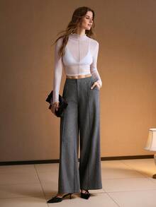 MOTF PREMIUM WOMEN'S LOOSE FIT WIDE LEG SEAM FRONT PANTS, AUTUMN/WINTER - Grey - View 4