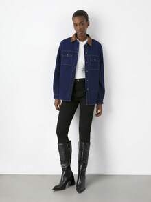 Maija Women's Plush Denim Coat, Contrasting Color Long-Sleeved Shirt, Casual Wear, Dark Blue Loose Denim Top, Thanksgiving