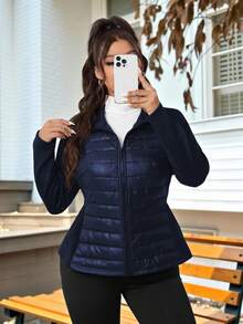 SHEIN EZwear Áo khoác nữ tay raglan màu trơn cỡ lớn có khóa kéo thường ngày mùa đông Áo khoác nữ màu xanh navy Áo khoác nữ Áo khoác chần bông Quần áo mùa đông cho nữ Áo khoác ngoài cho nữ - Màu xanh hải quân - Xem 5