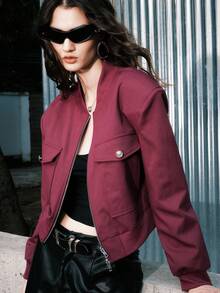 Airlisse Chaqueta corta de unicolor para mujer, de moda para ir al trabajo en otoño - Burdeos - Ver 2