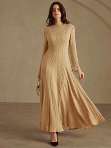 Aveloria Rosie Autumn Elegant British Style Fitted Jacquard Knit Dress With Oversized Hem Slit, Long Sleeve - Khaki - View 4