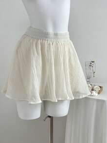 Elamini 2件套杏色冬季通勤日常腰部收腰荷叶边V领喇叭袖可爱休闲女士长袖迷你连衣裙套装 - 杏色 - 查看 5