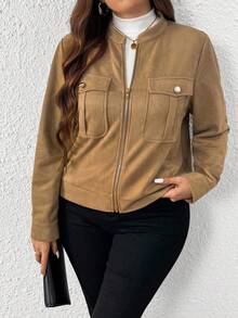 SHEIN Tall Damen Jacke in Große Größen, lässig, locker, mit Brusttasche, Stehkragen, Reißverschluss, Langarm, für Herbst/Winter