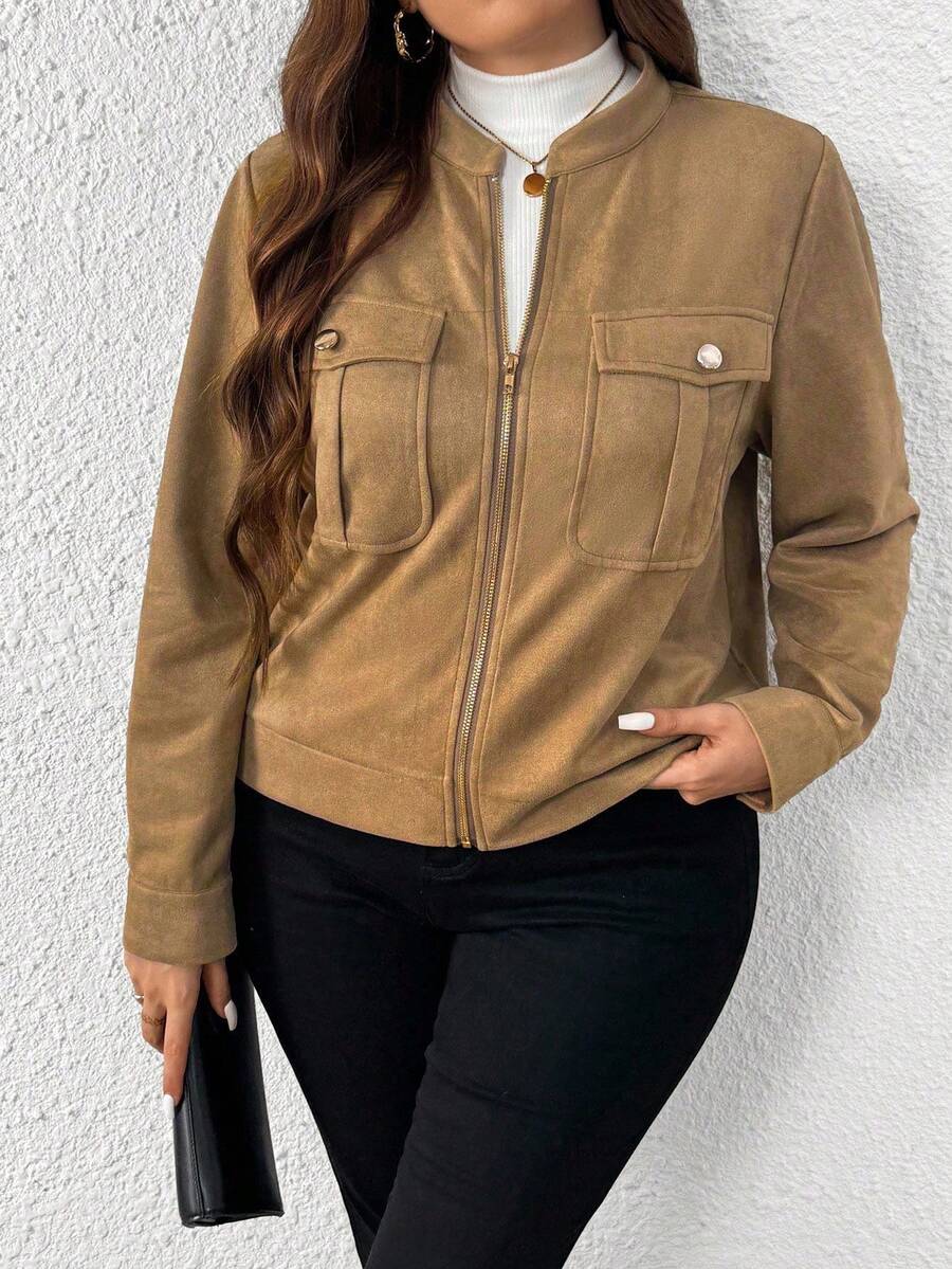 SHEIN Tall Damen Jacke in Große Größen, lässig, locker, mit Brusttasche, Stehkragen, Reißverschluss, Langarm, für Herbst/Winter