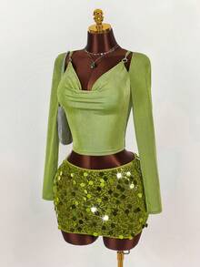 Y2K Amplova Christmas New Year Thanksgiving Sequins Party Vintage Wild Plunging Neckline Sexy Design Long Sleeve Top Fairycore Mermaid Green - Green - View 7