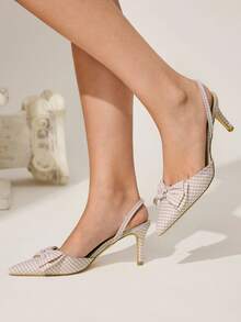 CUCCOO CHICEST 女士尖头蝴蝶结绑带细高跟鞋，浪漫优雅格纹面料经典粉色高跟鞋，适合约会、下午茶、通勤、情人节等场合。 - 杏色 - 查看 3