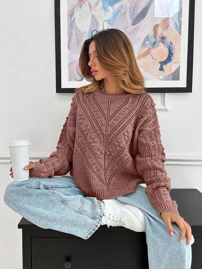 Women's Asymmetric And Pon Pon Knit Pattern Detailed Sweater