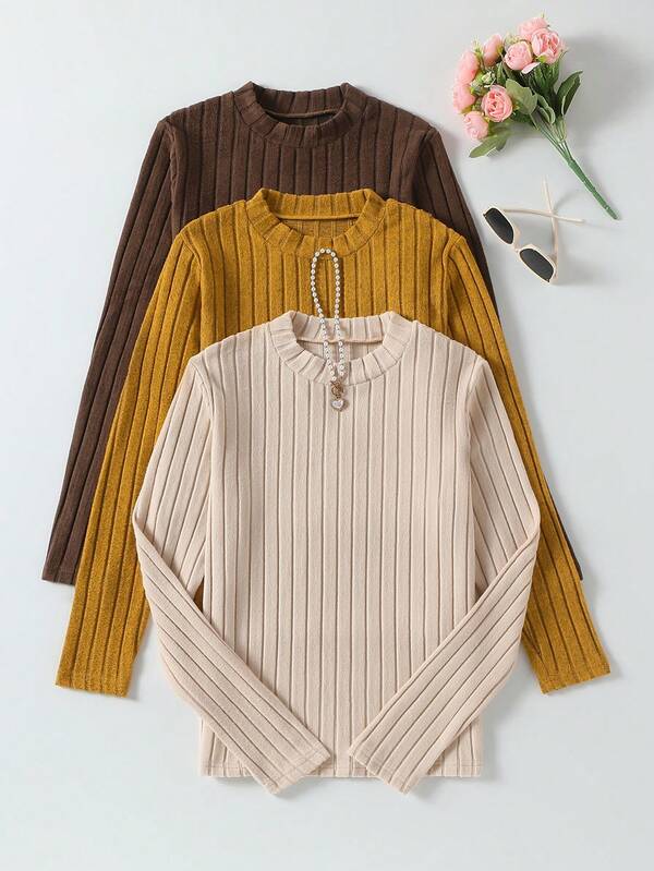 Sparklyn 3件套青少年女孩休闲日常通勤简约纯色罗纹针织长袖T恤