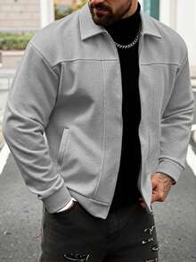 Manfinity CasualCool Áo khoác nam trơn màu thường ngày có khóa kéo, vai trễ, phong cách mùa thu/đông, giải trí hàng ngày, chuyến đi cuối tuần, hoạt động ngoài trời, thám hiểm du lịch, môi trường làm việc thoải mái hoặc những dịp bán trang trọng, quà tặng bạn trai/chồng, quà kỷ niệm, giáng sinh - Màu Xám nhạt - Xem 5