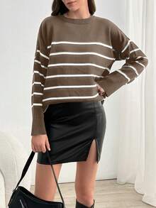 SHEIN Tall Striped Pattern Drop Shoulder Sweater, Tall Women - Camel - View 5