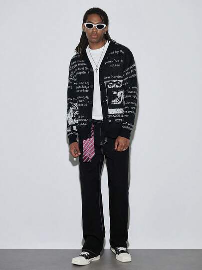 Modcrash Cárdigan unisex casual de punto jacquard con patrón de letras abstractas vintage, adecuado para primavera, otoño e invierno, estilo europeo y asiático