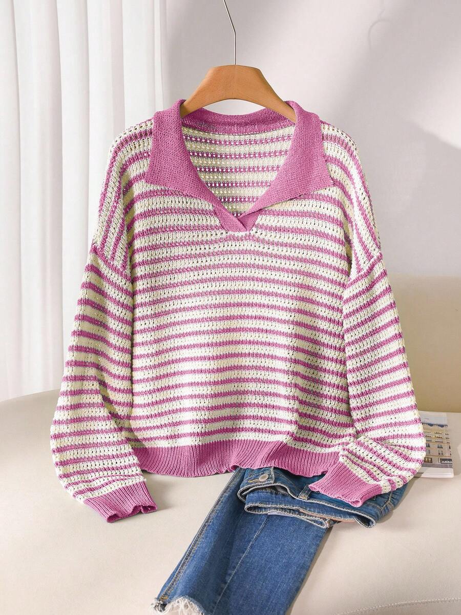 CosyJoli 大码休闲 Polo 领条纹长袖套头衫女式套头衫女式毛衣女式毛衣条纹毛衣 V 领毛衣秋冬 - 粉色 - 查看 1