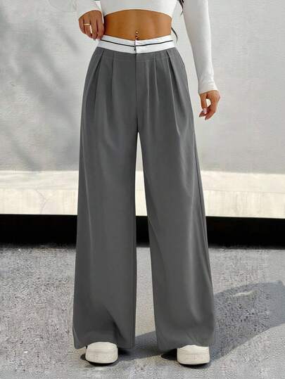 SHEIN PETITE Women's Casual & Commuting Contrast Waistband Wide Leg Suit Pants, Petite,Thanksgiving,Gray Wide-Leg Pants With Black And White Contrast Waistband Casual And Daily Design With Contrasting Colors Autumn Winter