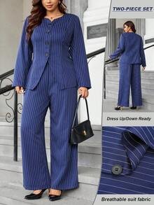 Easura Plus Size Women Striped Long Sleeve Fitted Long Jacket And Wide Leg Pants Casual Suit Set - Navy Blue - View 1
