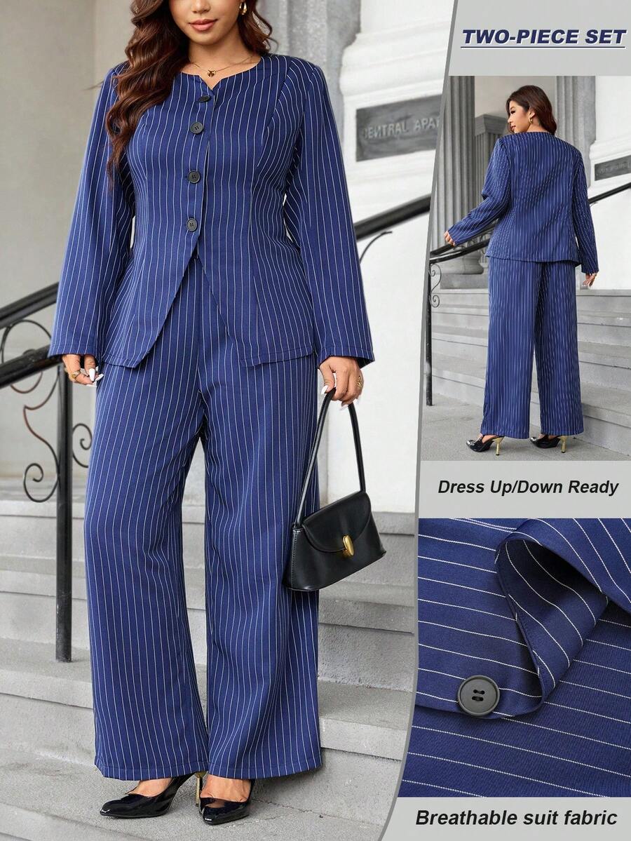 Easura Plus Size Women Striped Long Sleeve Fitted Long Jacket And Wide Leg Pants Casual Suit Set - Navy Blue - View 1