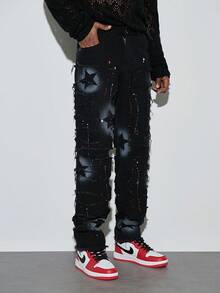 Modcrash 男士时尚层叠流苏星形彩绘牛仔裤，Emo风格春夏款，复古美式，男女皆宜，宽松版型夏季服装——适合日常穿着和夏季度假穿着。 - 黑色 - 查看 5