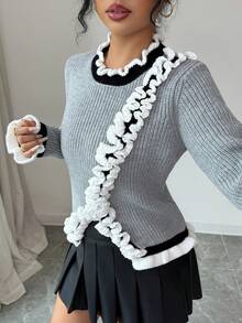 SHEIN Elenzya Blusa de malha feminina elegante e moderna com acabamento em renda e manga comprida - Cinza - Ver 7