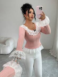 SHEIN Elenzya Women's Ruffled Lace Patchwork Knit Top - Pink - View 1