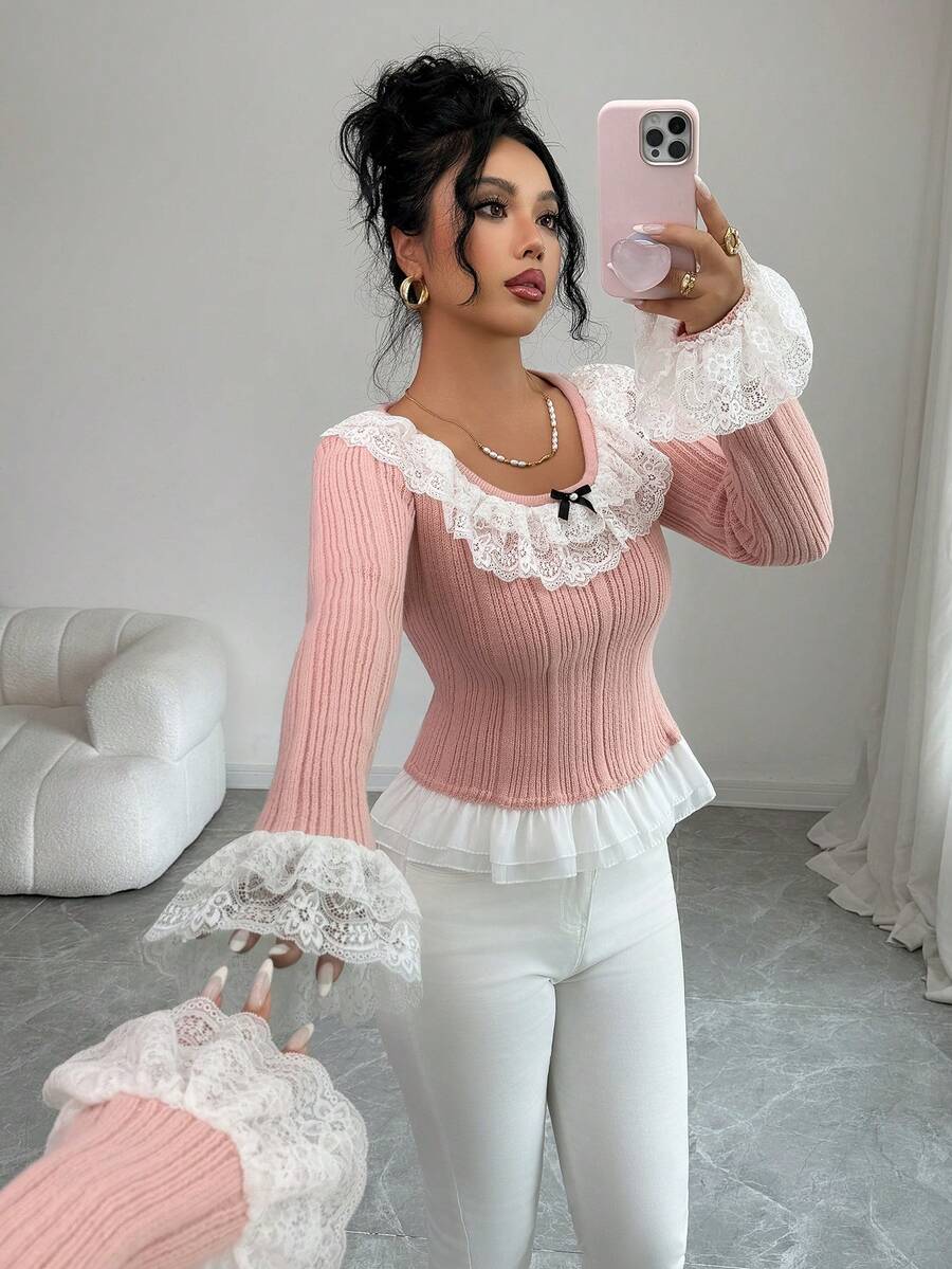 SHEIN Elenzya Women's Ruffled Lace Patchwork Knit Top - Pink - View 1