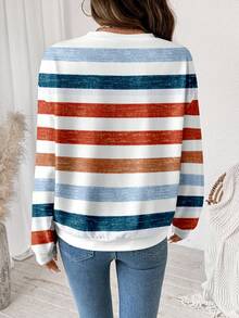 SHEIN LUNE 休闲彩色条纹复古别致印花圆领宽松女式运动衫，家庭套装，适合户外、通勤和运动 - 彩色 - 查看 2