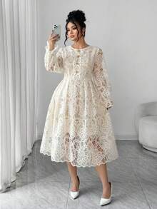 Elenzga 大码女式复古法式蕾丝提花蝴蝶结网眼拼布长袖连衣裙，适合秋冬季、返校、毕业典礼、节日、情人节、圣诞节、音乐节、母亲节、万圣节、感恩节、复活节、国庆节、舞会、约会、派对、婚礼、户外活动 - 杏色 - 查看 7