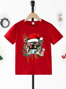 Wesołych Świąt! Swobodna i modna, kreatywna czapka świąteczna dla nastolatków, kontroler do gier, wygodna, prosta koszulka z krótkim rękawem z nadrukiem laski cukrowej, idealna na świąteczne przyjęcie i wyjście.