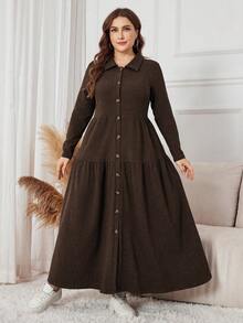 Lacomfia 大码女式纯色简约长袖针织连衣裙 - 棕色 - 查看 3