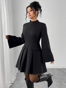 Elenzga Plus Size Women's Solid Color Stand Collar Lantern Sleeve Ruffle Hem Elegant Mini Dress, Faux Pocket Chic Blazer Dress - Black - View 3