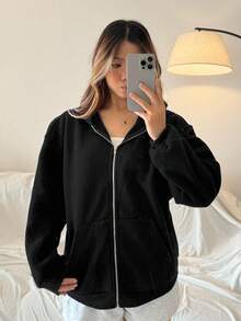 SHEIN Áo nỉ chui đầu dáng rộng thoải mái dành cho nữ tuổi teen, thiết kế tối giản, phù hợp cho hoạt động giải trí và tập luyện. - màu đen - Xem 4