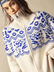 Bohemela 女士时尚复古费尔岛提花拉链开衫秋冬女装 - 杏色 - 查看 5