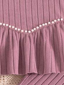 SHEIN 2 件套女童优雅串珠针织罗纹毛绒圆领泡泡袖上衣和简约针织裤休闲装，秋冬 - 粉色 - 查看 5