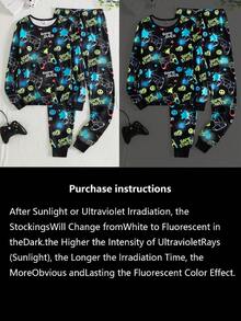 青少年男孩睡衣套装，夜光视频游戏图案黑色圆领上衣和全身印花长袖紧身裤，舒适家居服 1 套 - 黑色 - 查看 4