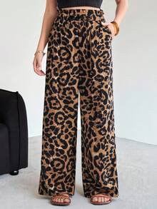 SHEIN 少女雪纺阔腿豹纹裤，休闲优雅，适合度假、休闲和百搭 - 彩色 - 查看 1