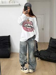 Coolane Women's Fall  Streetwear Daily Wear Casual Vintage Homecoming Y2K Graphics Comfortable Asymmetrical Neck Off The Shoulder Long Sleeve T-Shirt