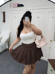 SHEIN EZwear Chocolate Brown Casual Versatile Plus Size Sports Mini Pleated Skirt,Autumn Back-To-School Graduation Chic Elegant Solid Color For Party,Wedding,Date - Chocolate Brown - View 9