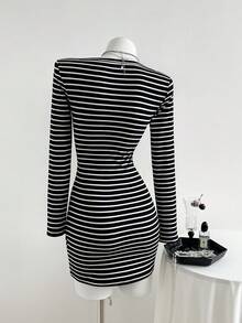 SHEIN Unity Women's Black & White Striped Boat Neck Button-Up Long Sleeve Waist Cinched Bodycon Mini Dress, Sexy Fitted Design, Autumn European Style - Black and White - View 2