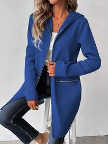 EMERY ROSE Women's Autumn Long Sleeve Hoodie Jacket, Dropped Shoulder, Sweatshirt Material, Zipper Decor, Mid-Length, Casual - Blue - View 3