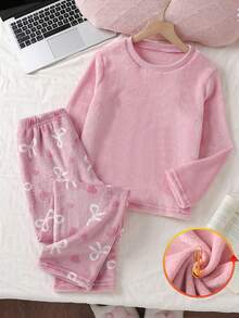 小女孩睡衣 2 件套，法兰绒柔软舒适套头衫，圆领长袖，心形和蝴蝶结印花长裤，甜美风格，非常适合圣诞节、情人节、生日、闺蜜礼物 - 粉色 - 查看 7