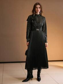 MOTF PREMIUM WOMEN'S STRIPED PRINT MOCK NECK BOW SHOULDER PLEATED HEM BELTED DRESS, AUTUMN/WINTER