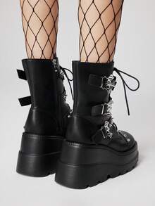 ROMWE Grunge Punk 2026新款厚底朋克风黑色PU皮靴，女士修身哥特踝靴，适合秋冬季、圣诞节、Y2K风格穿搭 - 黑色 - 查看 5