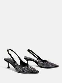 CUCCOO TILAWA Pointed Toe Rhinestone Elegant Hollow Out Fashion Versatile Closed Toe Mule High Heels - Black - View 3
