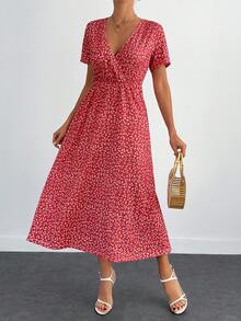 EURMUSE Women's Summer Vacation Ditsy Floral Surplice Neck High Slit Waist Tie Dress - Red - View 4