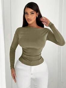 SHEIN SXY 极简镂空不对称肩长袖T恤，性感通勤办公穿搭 - 軍綠色 - 查看 5