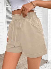SHEIN LUNE Women's Summer Casual Solid Color Drawstring Waist Shorts - Khaki - View 5