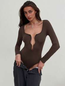Aloruh Modern Deep V-Neck Bodysuit - Coffee Brown - View 1